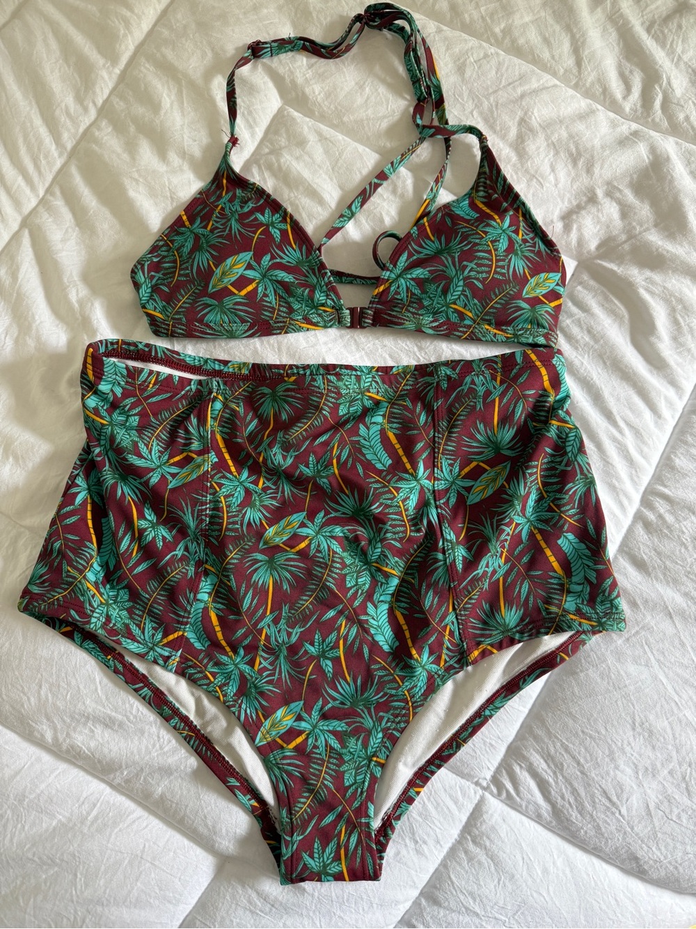 Urban Outfitters Maroon Bikini Top with Teal & Yellow Leaf Print - Picture 3 of 5